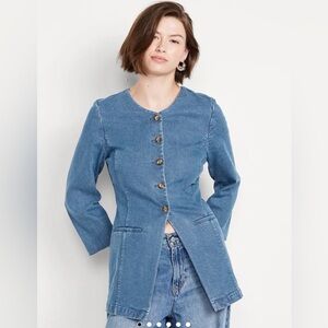 Old Navy Denim Fitted Hourglass Collarless Jean Blazer Jacket L Business Casual
